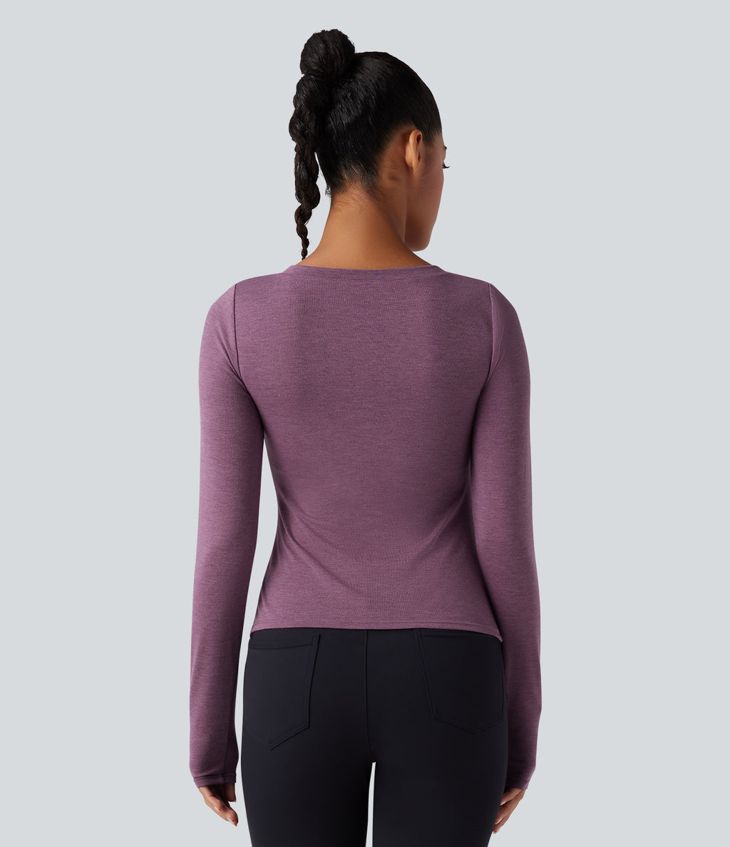 Molded Cups Push-Up V-neck Long Sleeve Ruched Split Hem Casual Top A/B Cup — Red Violet Floral Yarn — view 3