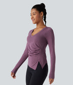 Molded Cups Push-Up V-neck Long Sleeve Ruched Split Hem Casual Top A/B Cup — Red Violet Floral Yarn — view 4