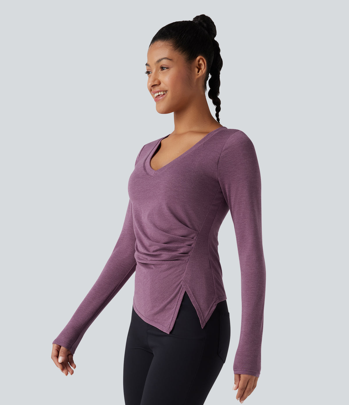 Molded Cups Push-Up V-neck Long Sleeve Ruched Split Hem Casual Top A/B Cup — Red Violet Floral Yarn — view 4