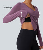 Molded Cups Push-Up V-neck Long Sleeve Ruched Split Hem Casual Top A/B Cup — Red Violet Floral Yarn — view 1
