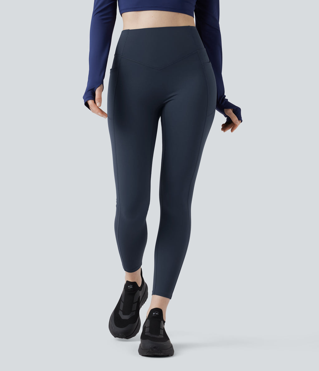 Heat High Waisted Scrunch Butt Lifting Tummy Control Warming Yoga Leggings with Pockets — Blueberry — view 3