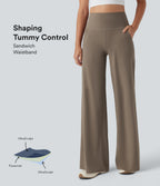High Waisted Tummy Control Wide Leg Yoga Trousers with Pockets — Dawn Brown — view 1