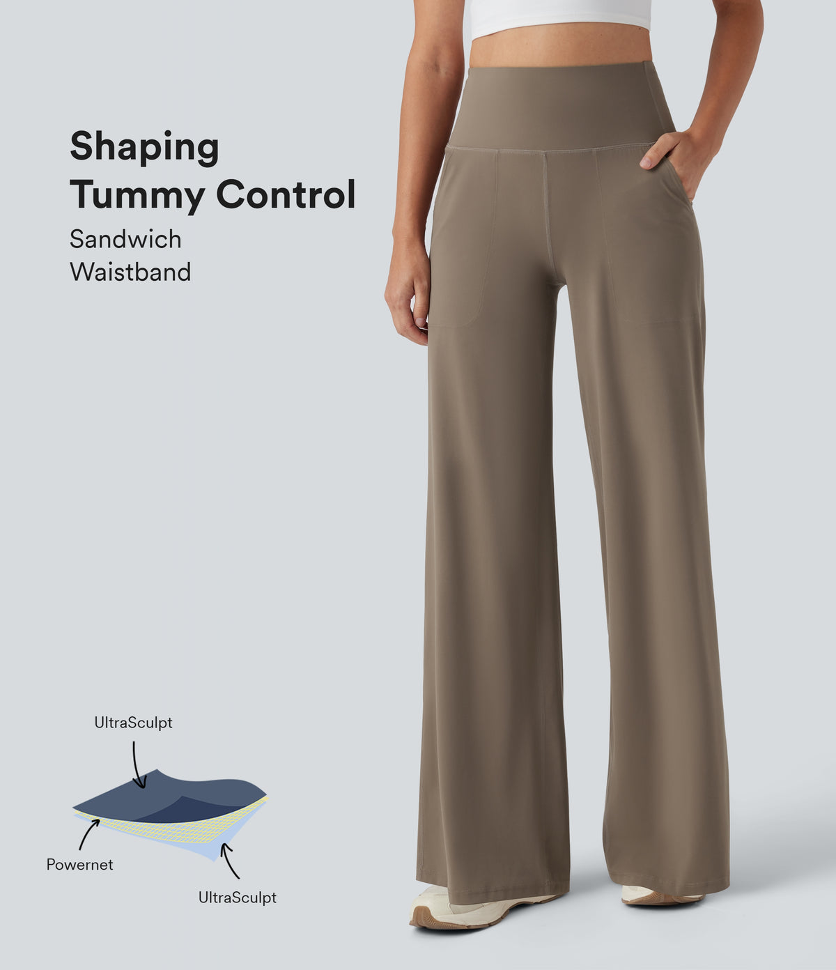 High Waisted Tummy Control Wide Leg Yoga Trousers with Pockets — Dawn Brown — view 1