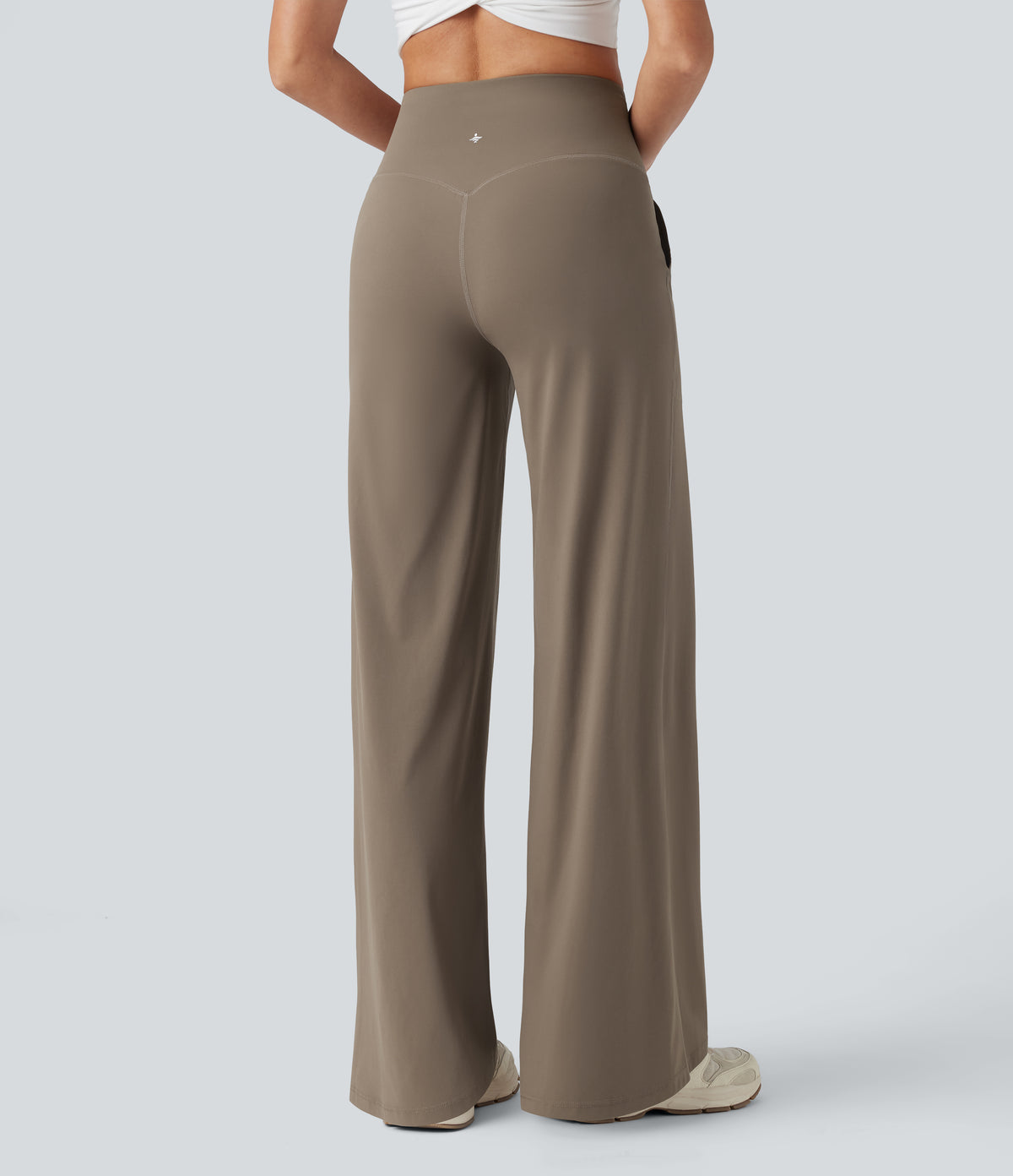 High Waisted Tummy Control Wide Leg Yoga Trousers with Pockets — Dawn Brown — view 2