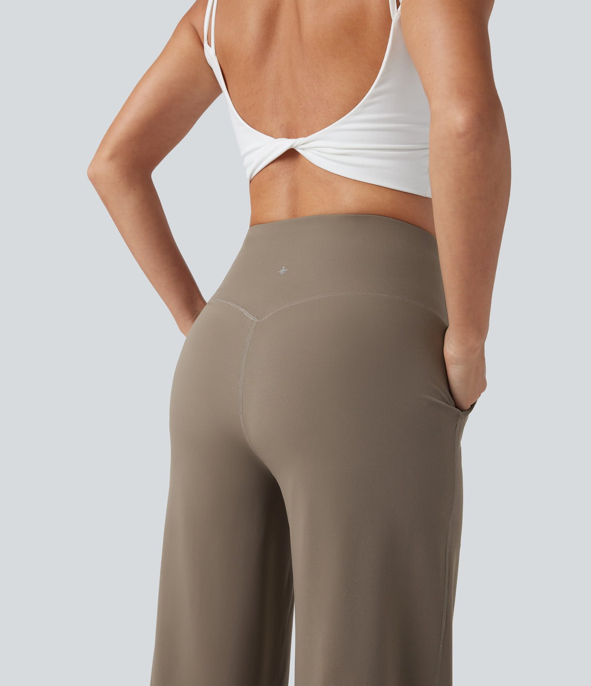High Waisted Tummy Control Wide Leg Yoga Trousers with Pockets — Dawn Brown — view 5