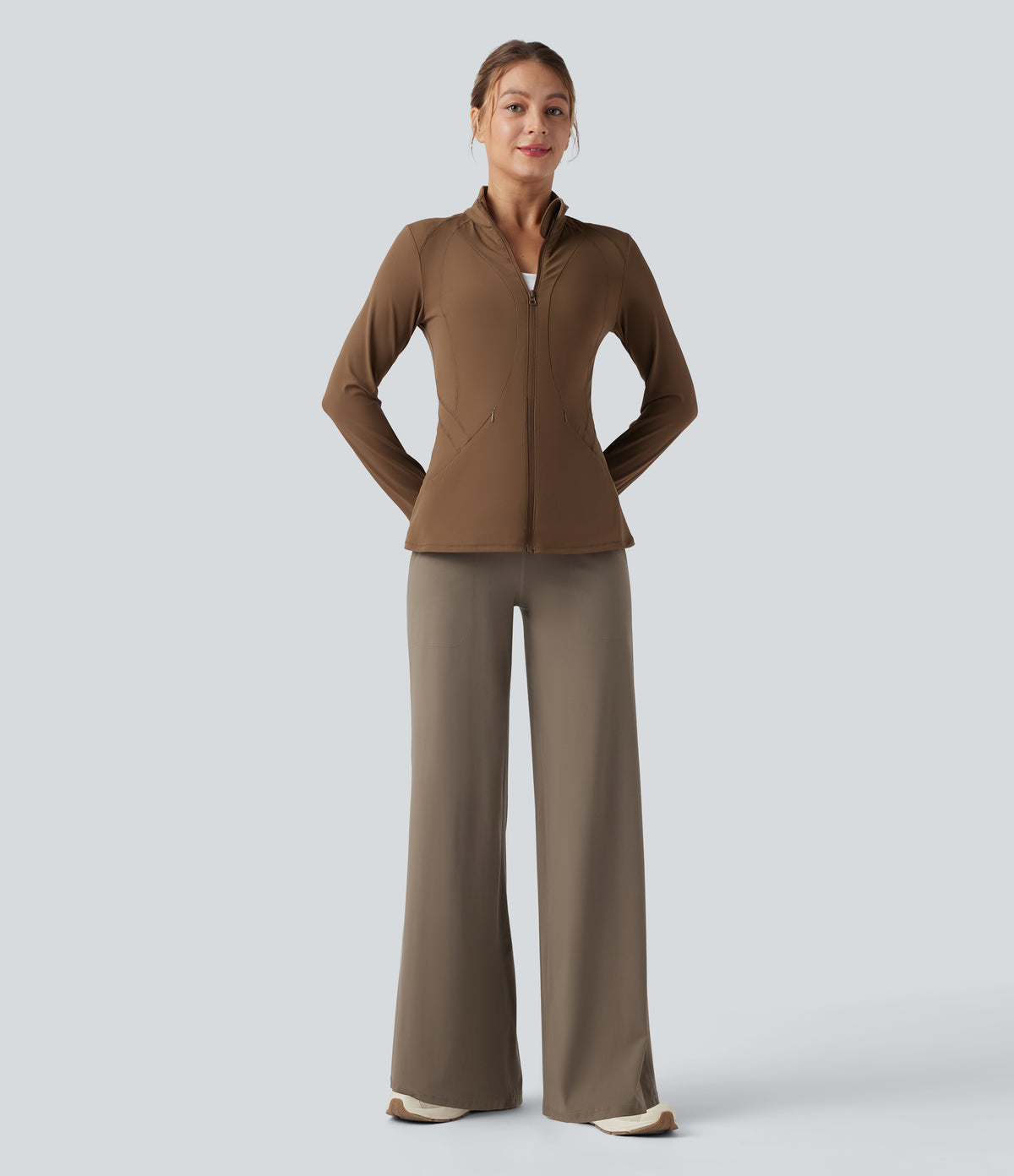 High Waisted Tummy Control Wide Leg Yoga Trousers with Pockets — Dawn Brown — view 6