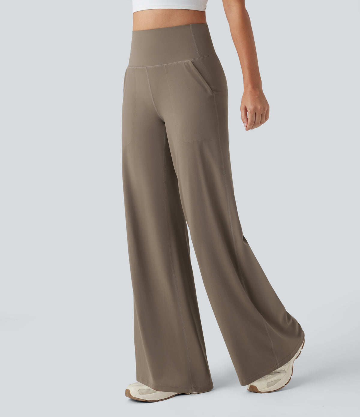 High Waisted Tummy Control Wide Leg Yoga Trousers with Pockets — Dawn Brown — view 3
