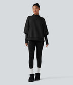 Mock Neck Bishop Long Sleeve Fleece Casual Sweatshirt — Black — view 6