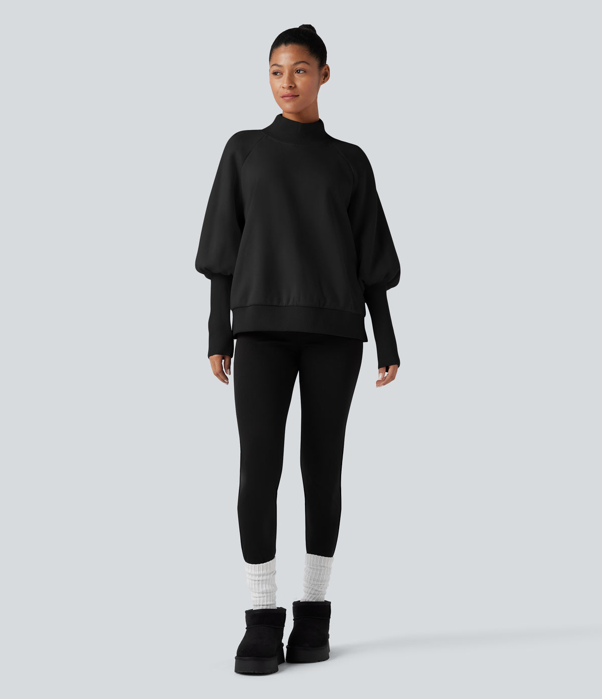 Mock Neck Bishop Long Sleeve Fleece Casual Sweatshirt — Black — view 6