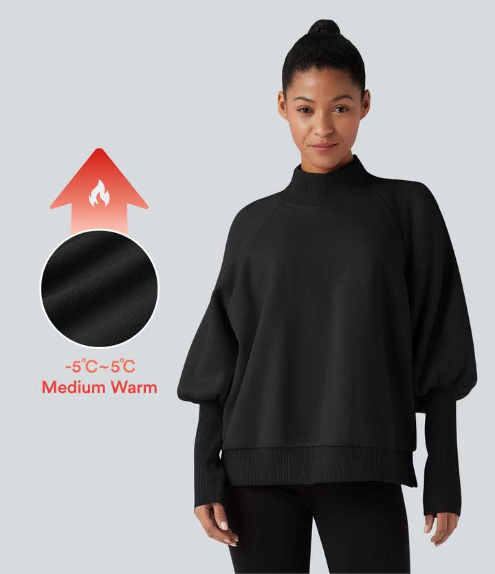 Mock Neck Bishop Long Sleeve Fleece Casual Sweatshirt — Black — view 1
