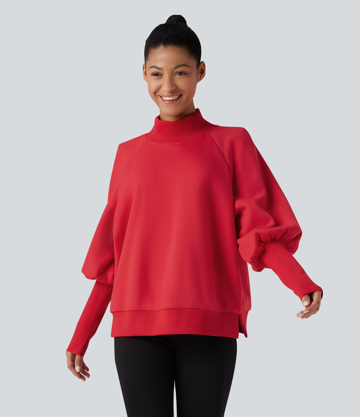 Mock Neck Bishop Long Sleeve Fleece Casual Sweatshirt — Tomato — view 7