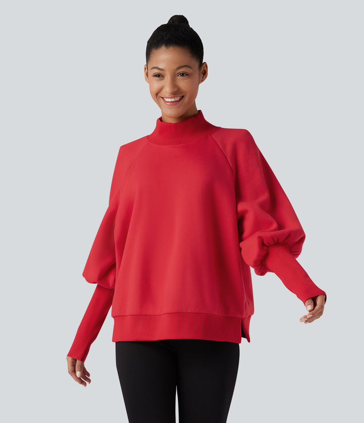 Mock Neck Bishop Long Sleeve Fleece Casual Sweatshirt — Tomato — view 7