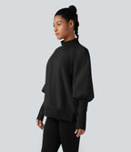 Mock Neck Bishop Long Sleeve Fleece Casual Sweatshirt — Black — view 3
