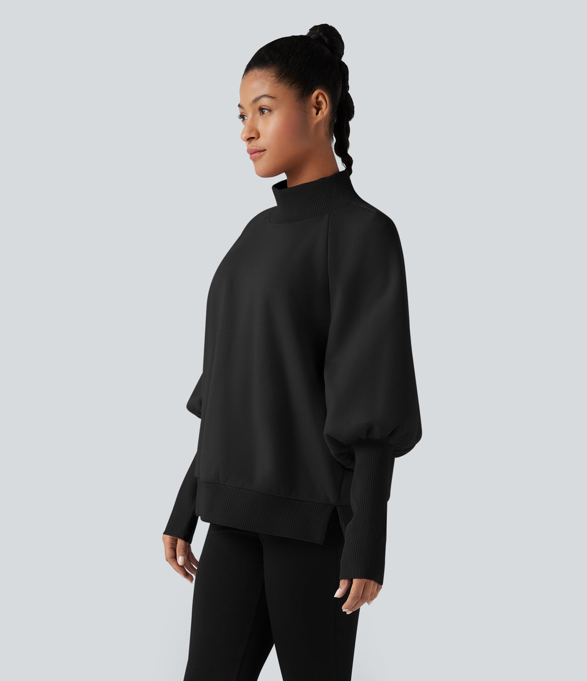 Mock Neck Bishop Long Sleeve Fleece Casual Sweatshirt — Black — view 3