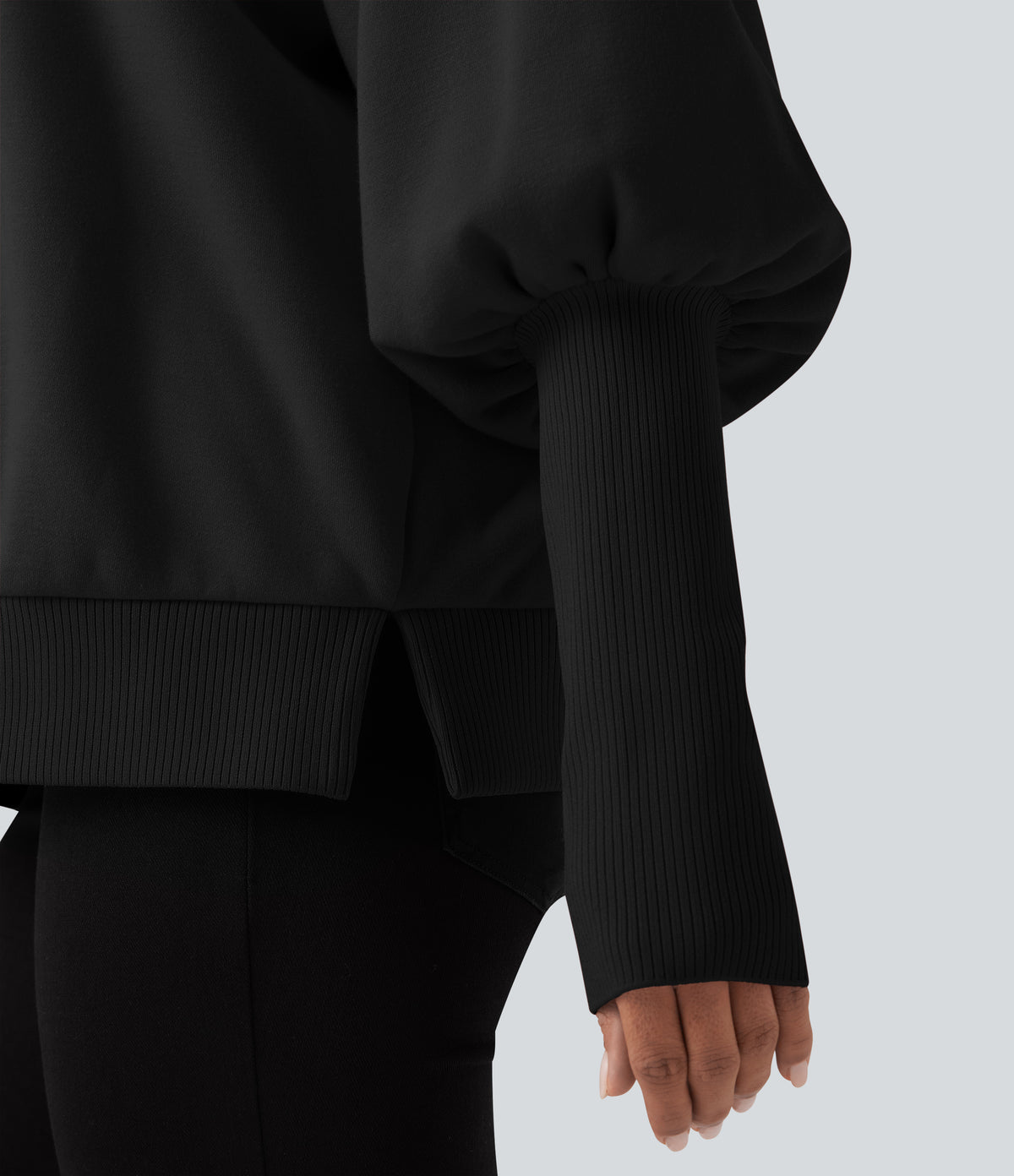 Mock Neck Bishop Long Sleeve Fleece Casual Sweatshirt — Black — view 5