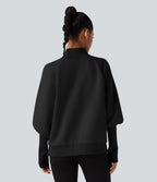 Mock Neck Bishop Long Sleeve Fleece Casual Sweatshirt — Black — view 2