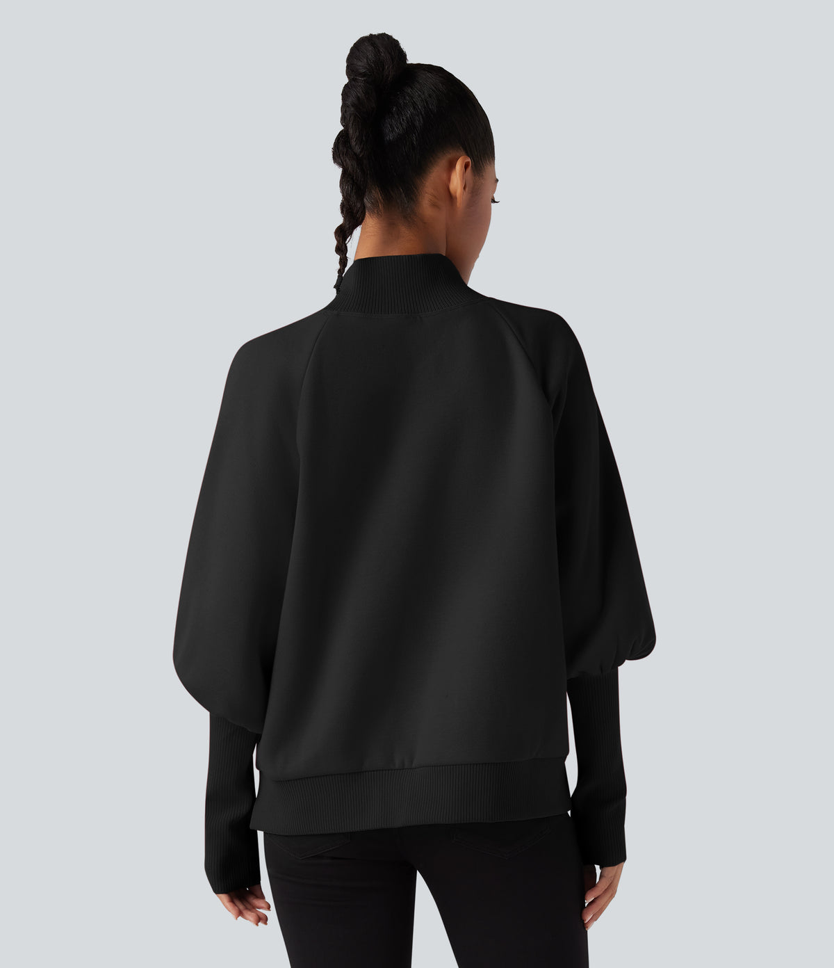 Mock Neck Bishop Long Sleeve Fleece Casual Sweatshirt — Black — view 2