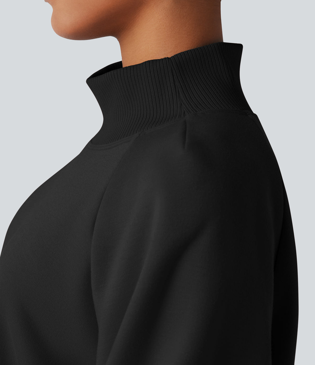 Mock Neck Bishop Long Sleeve Fleece Casual Sweatshirt — Black — view 4