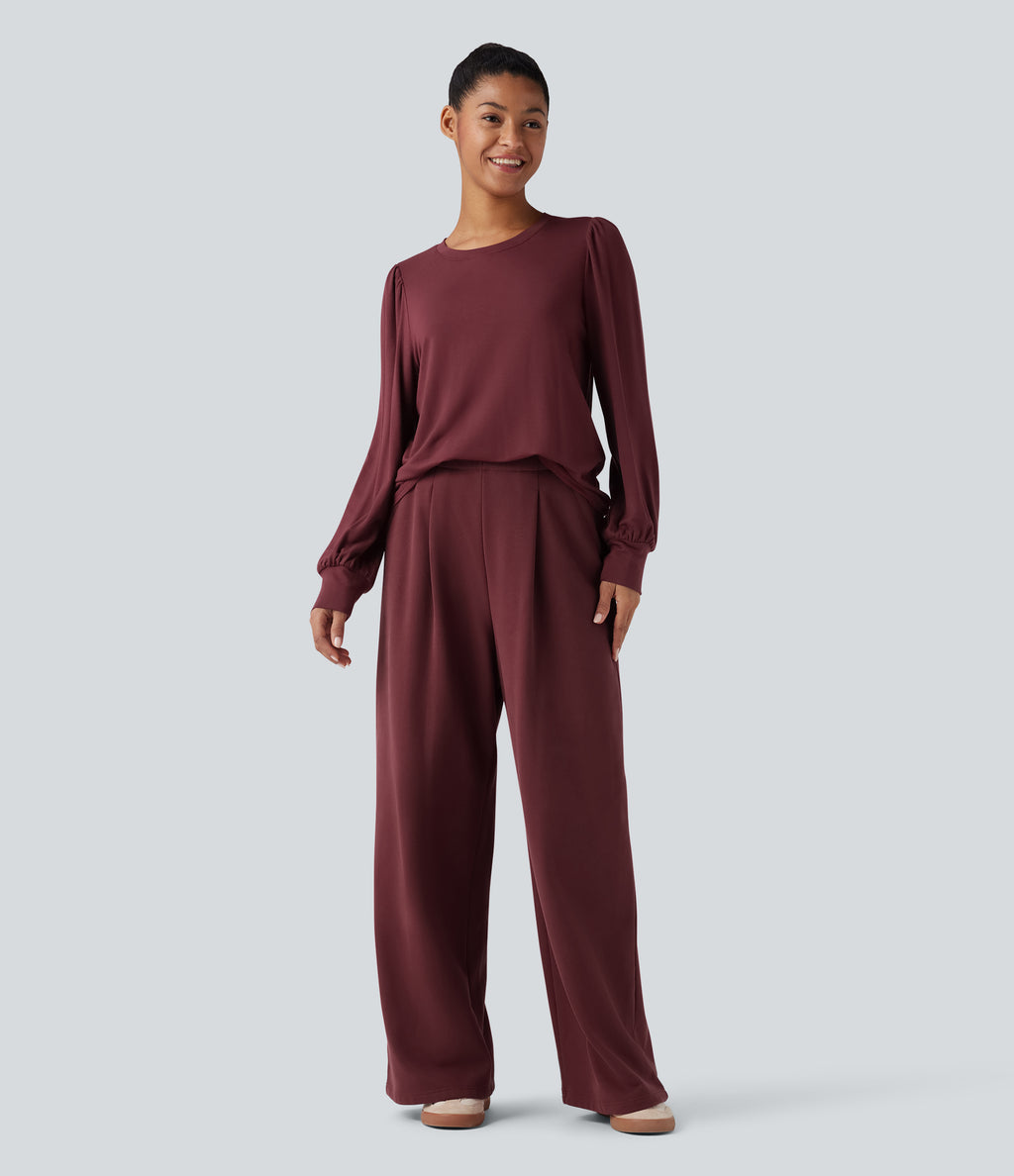 Round Neck Long Sleeve Casual Top — New Maroon — view 7