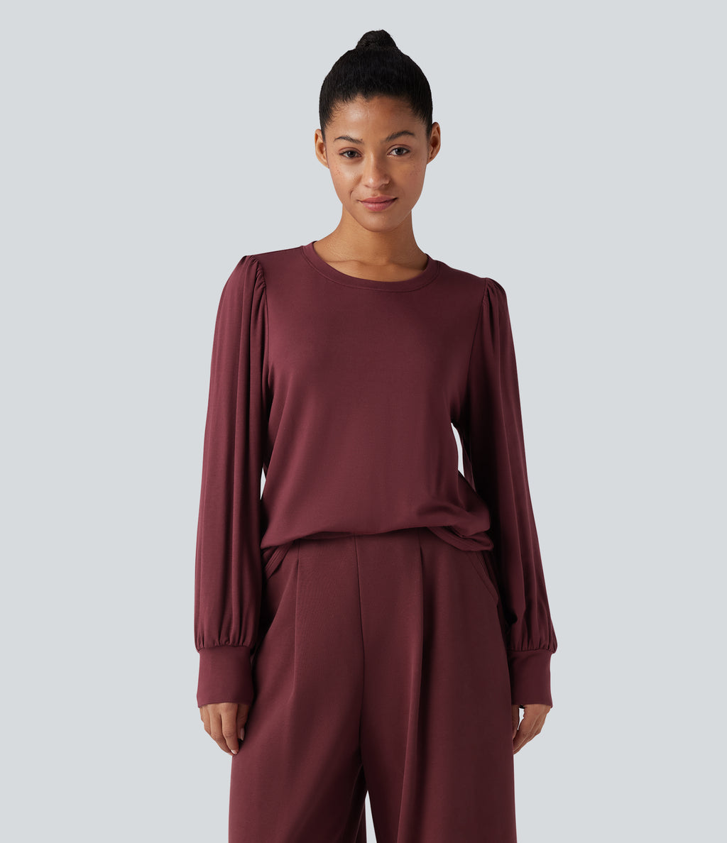 Round Neck Long Sleeve Casual Top — New Maroon — view 1