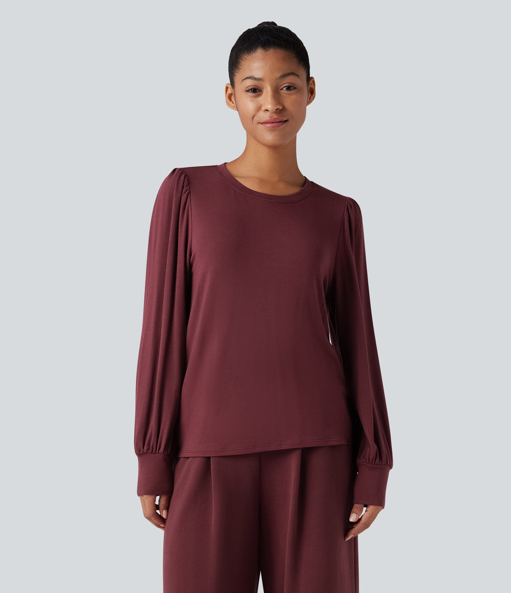 Round Neck Long Sleeve Casual Top — New Maroon — view 6
