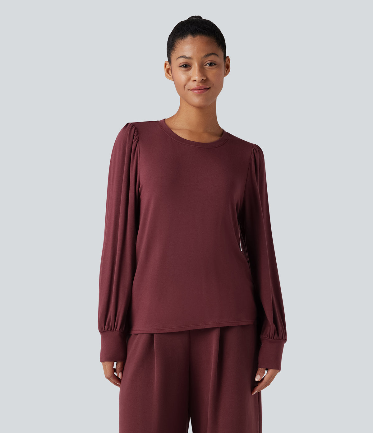 Round Neck Long Sleeve Casual Top — New Maroon — view 6