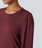 Round Neck Long Sleeve Casual Top — New Maroon — view 4