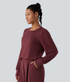Round Neck Long Sleeve Casual Top — New Maroon — view 3