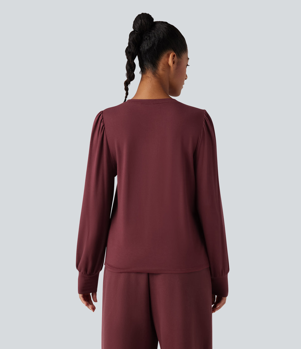 Round Neck Long Sleeve Casual Top — New Maroon — view 2
