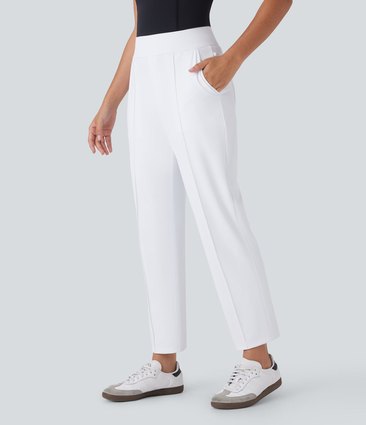 Mid High Waisted Quick Dry Golf Trousers with Pockets-Golf Tee-UPF40+ — White — view 3