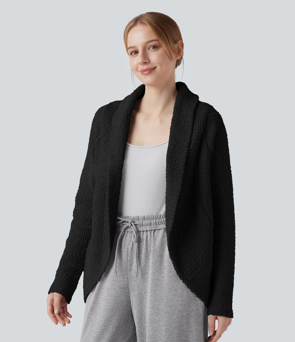 Shawl Collar Raglan Long Sleeve Casual Cardigan — Black — view 7