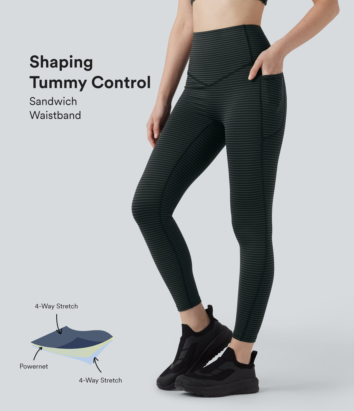 High Waisted Tummy Control Stripe Yoga Leggings with Pockets — Steel Stripe — view 1