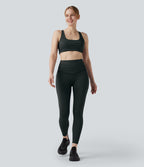 High Waisted Tummy Control Stripe Yoga Leggings with Pockets — Steel Stripe — view 6