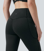 High Waisted Tummy Control Stripe Yoga Leggings with Pockets — Steel Stripe — view 5
