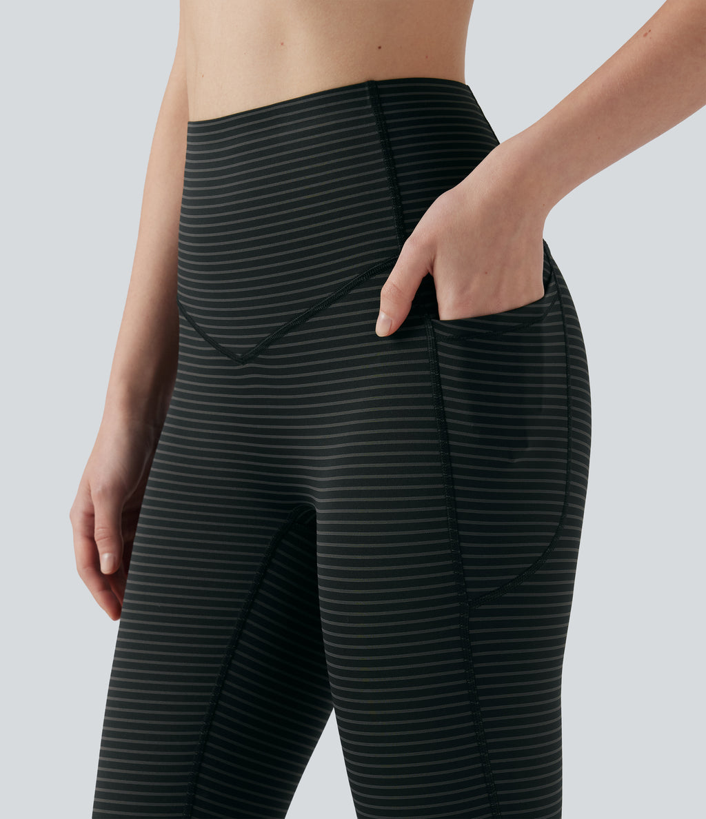 High Waisted Tummy Control Stripe Yoga Leggings with Pockets — Steel Stripe — view 4