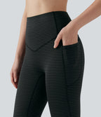 High Waisted Tummy Control Stripe Yoga Leggings with Pockets — Steel Stripe — view 4