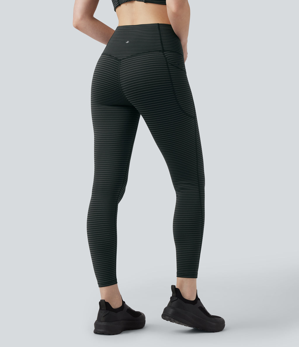 High Waisted Tummy Control Stripe Yoga Leggings with Pockets — Steel Stripe — view 2