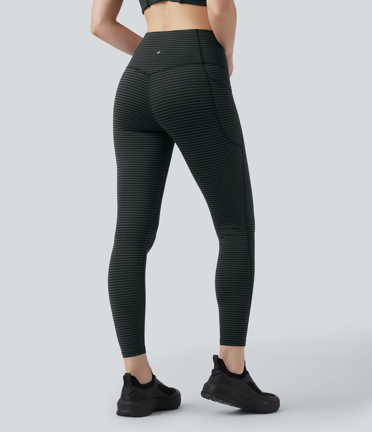 High Waisted Tummy Control Stripe Yoga Leggings with Pockets — Steel Stripe — view 2