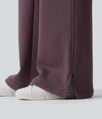 High Waisted Drawstring Color Block Split Hem Fleece Casual Cotton Flare Trousers with Pockets — Flint — view 6