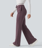 High Waisted Drawstring Color Block Split Hem Fleece Casual Cotton Flare Trousers with Pockets — Flint — view 3