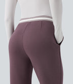 High Waisted Drawstring Color Block Split Hem Fleece Casual Cotton Flare Trousers with Pockets — Flint — view 5