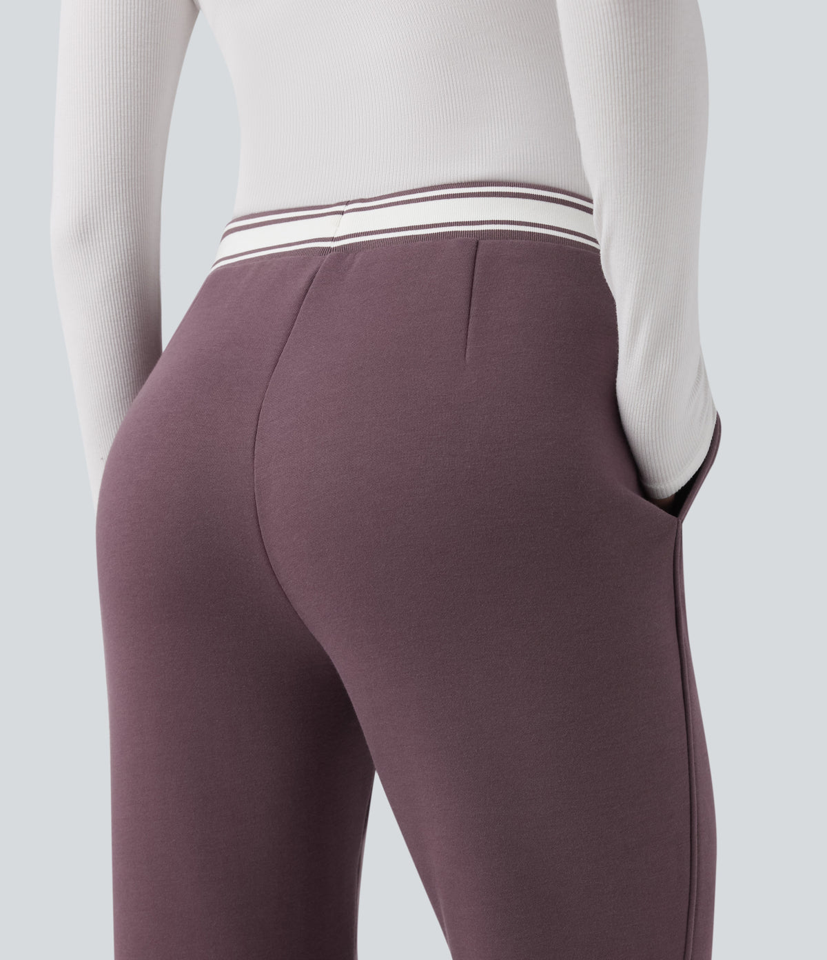 High Waisted Drawstring Color Block Split Hem Fleece Casual Cotton Flare Trousers with Pockets — Flint — view 5