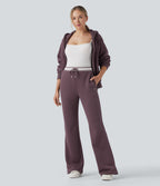 High Waisted Drawstring Color Block Split Hem Fleece Casual Cotton Flare Trousers with Pockets — Flint — view 7