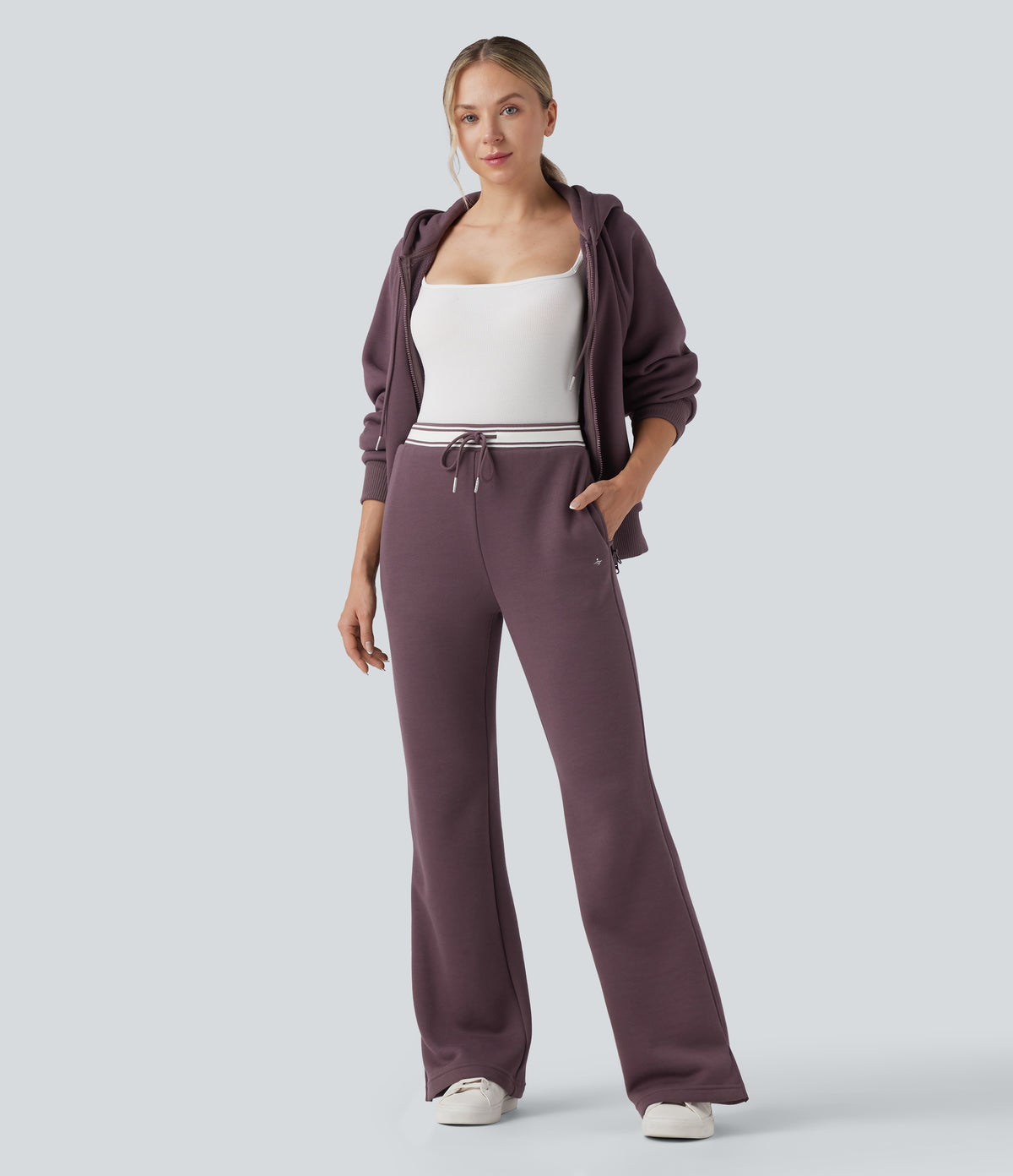 High Waisted Drawstring Color Block Split Hem Fleece Casual Cotton Flare Trousers with Pockets — Flint — view 7