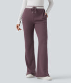 High Waisted Drawstring Color Block Split Hem Fleece Casual Cotton Flare Trousers with Pockets — Flint — view 1