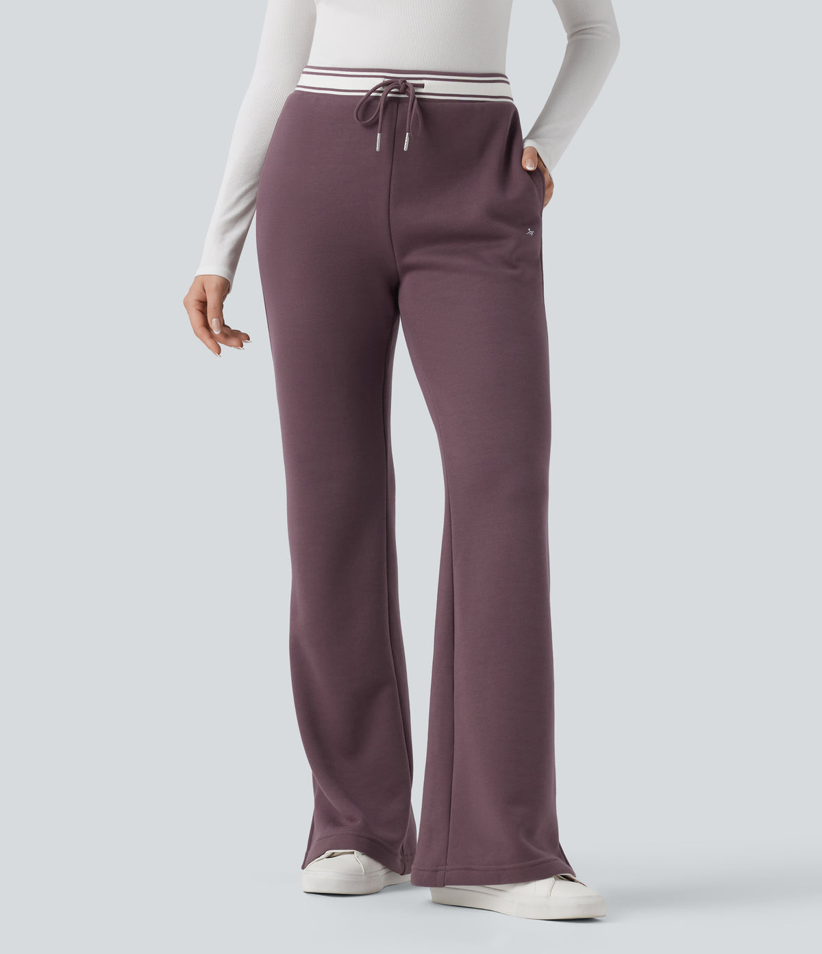 High Waisted Drawstring Color Block Split Hem Fleece Casual Cotton Flare Trousers with Pockets — Flint — view 1