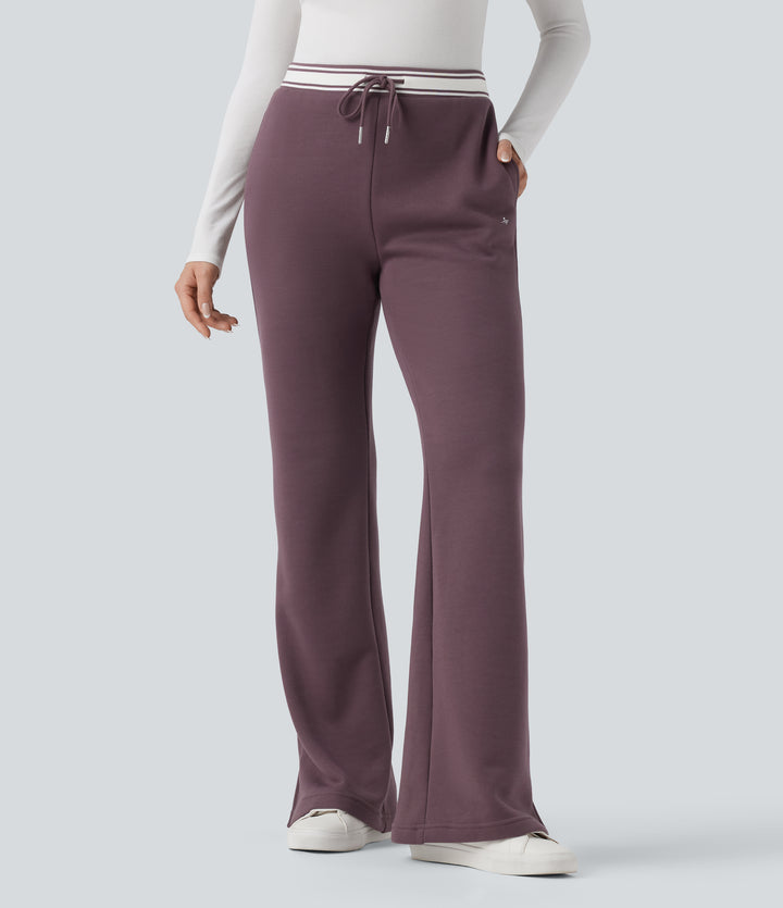 High Waisted Drawstring Color Block Split Hem Fleece Casual Cotton Flare Trousers with Pockets — Flint — view 1