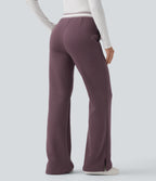 High Waisted Drawstring Color Block Split Hem Fleece Casual Cotton Flare Trousers with Pockets — Flint — view 2