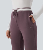 High Waisted Drawstring Color Block Split Hem Fleece Casual Cotton Flare Trousers with Pockets — Flint — view 4