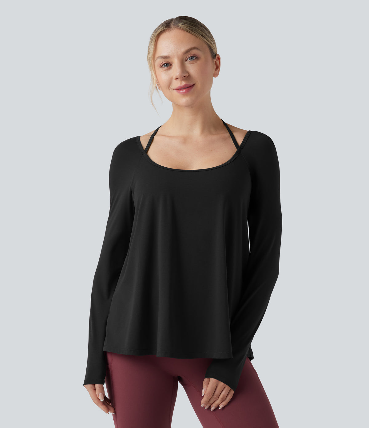 Airy Halter Long Sleeve Backless Draped Yoga Sports Top-UPF50+ — Black — view 2